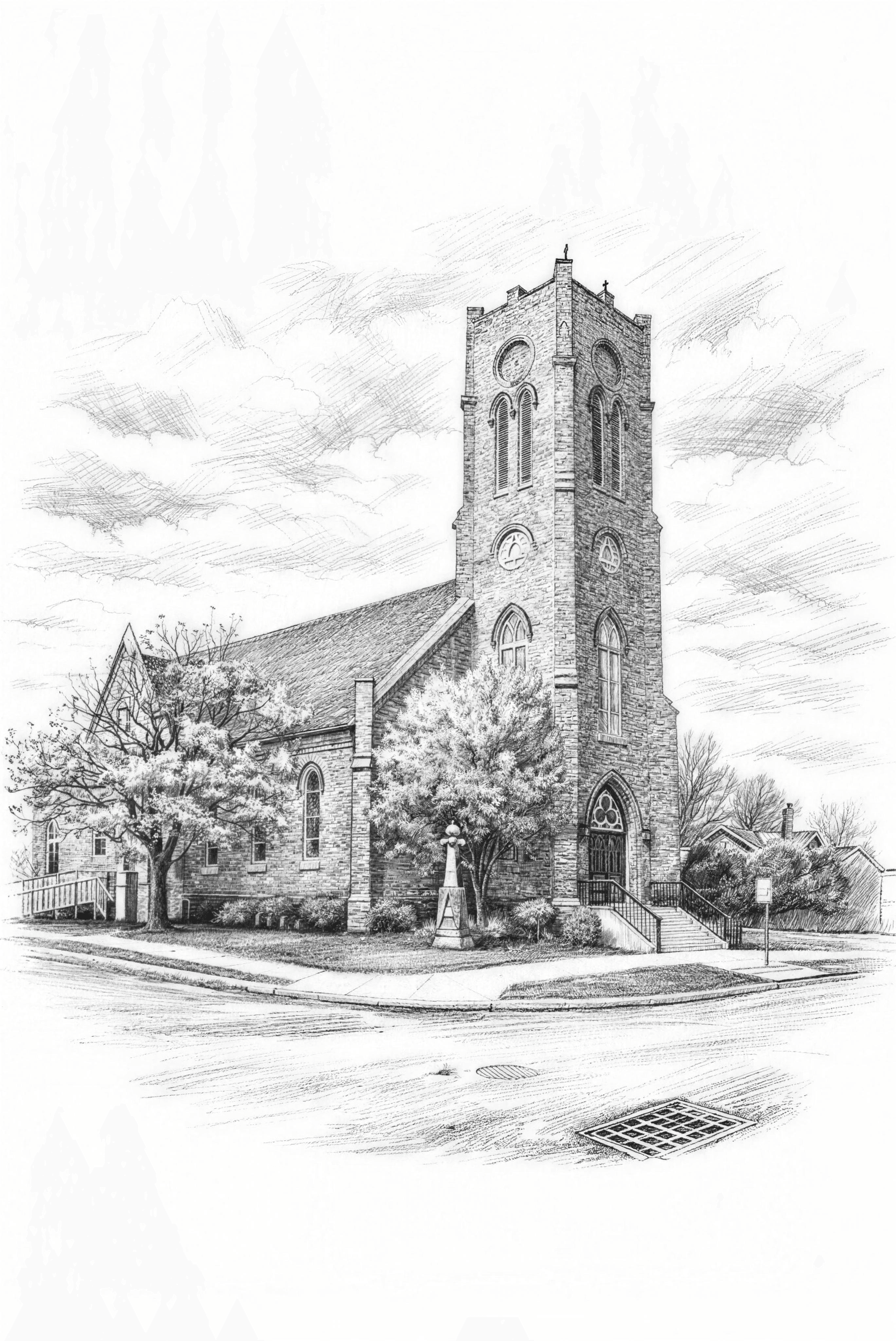 Pen-and-ink drawing of the Crossroads Bible Church building